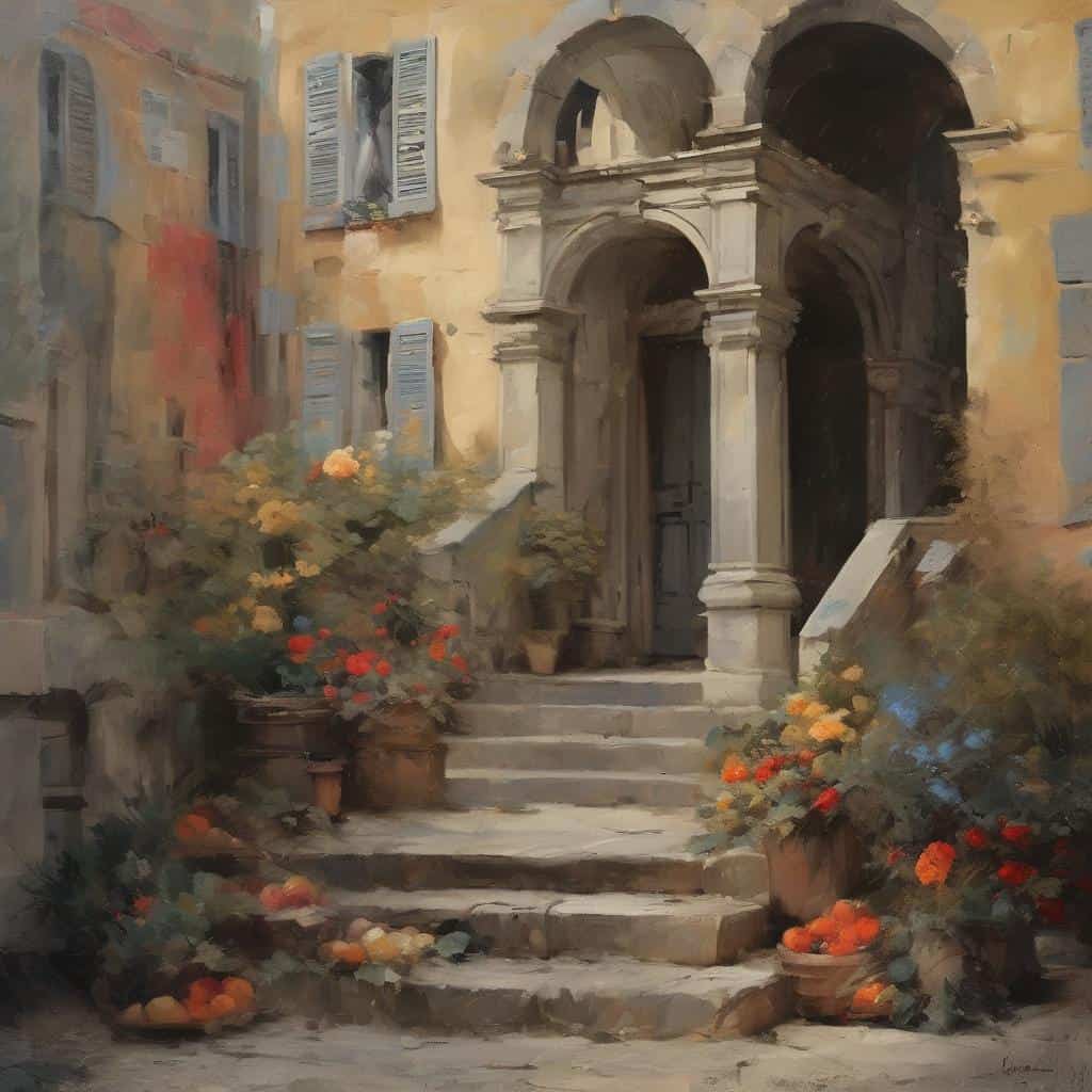 Ουρανός, πρόσοψη παλιάς κατοικίας με λουλούδια και πέτρινα σκαλοπάτια στην ιστορία της τέχνης της χαράς.