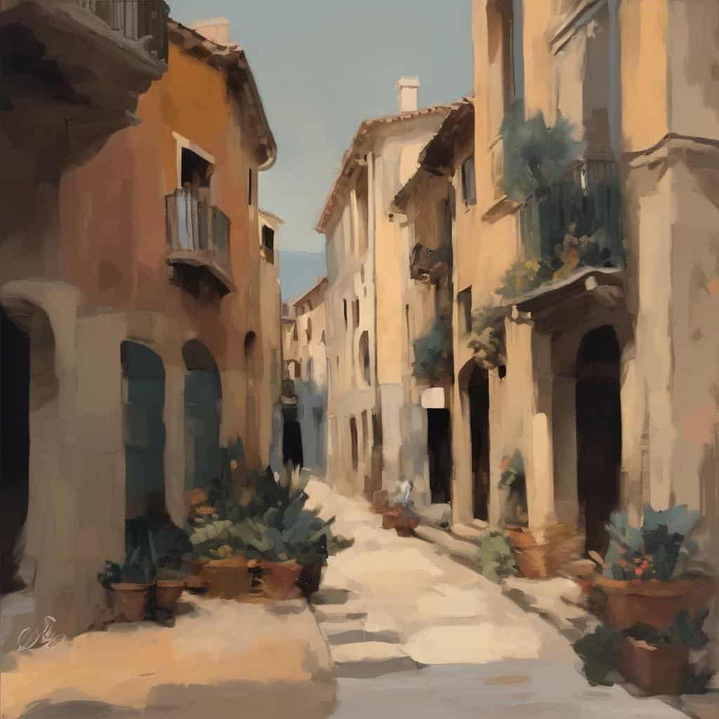 Ζωντανό τοπίο γραφικών δρόμων στη μεσογειακή πόλη, με πολύχρωμα κτίρια και λουλούδια.