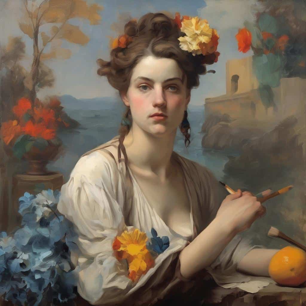 Ομορφη γυναικεία πορτρέτο με λουλούδια στα μαλλιά και παραδοσιακούς χαραγμένους τόπους στο φόντο.