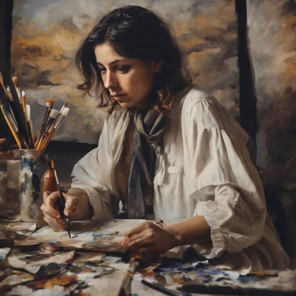 Πορτρέτο γυναίκας ζωγράφου στον ατελιέ με πινέλα και καμβά.