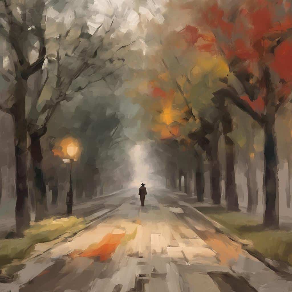 Ζωγραφιά με μονοπάτι σε δασικό τοπίο, έντονα χρώματα φθινοπώρου, αποτύπωση της τέχνης της χαράς και της ευτυχίας στην ιστορία.